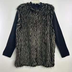 Maggie‎ Barnes Sweater Womens 2XL Rib-knit Zip Brown Faux Fur Country Boho Y2K